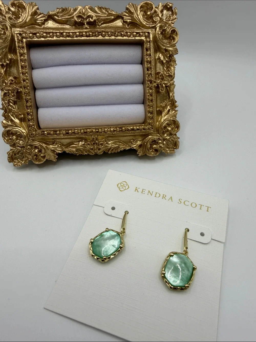 Kendra Scott Gold-Tone Drop Earrings with Light Green Stones - Picture 1 of 6